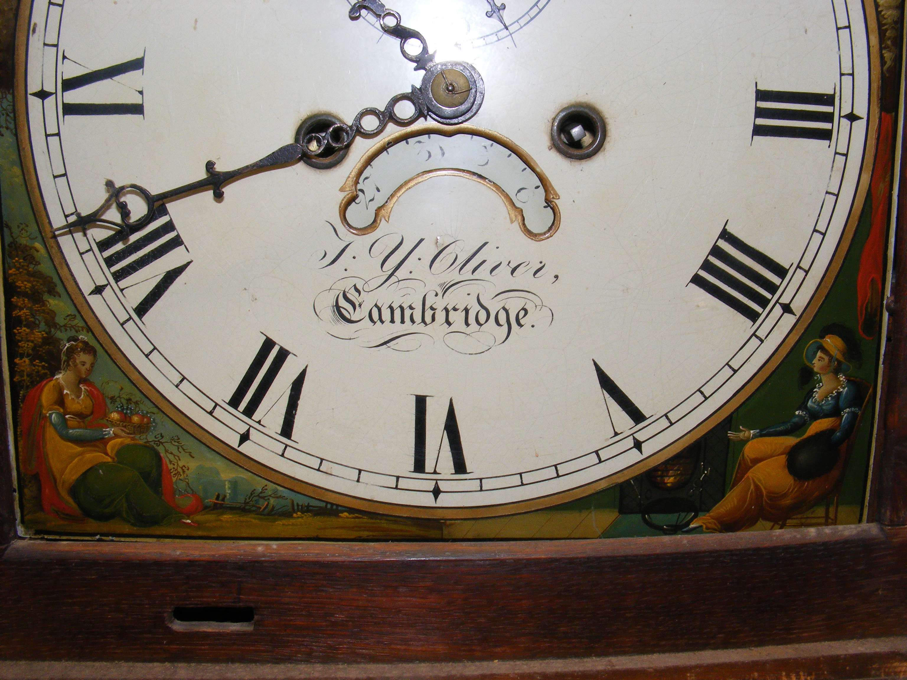 An antique oak long case clock with painted arch d - Image 4 of 13