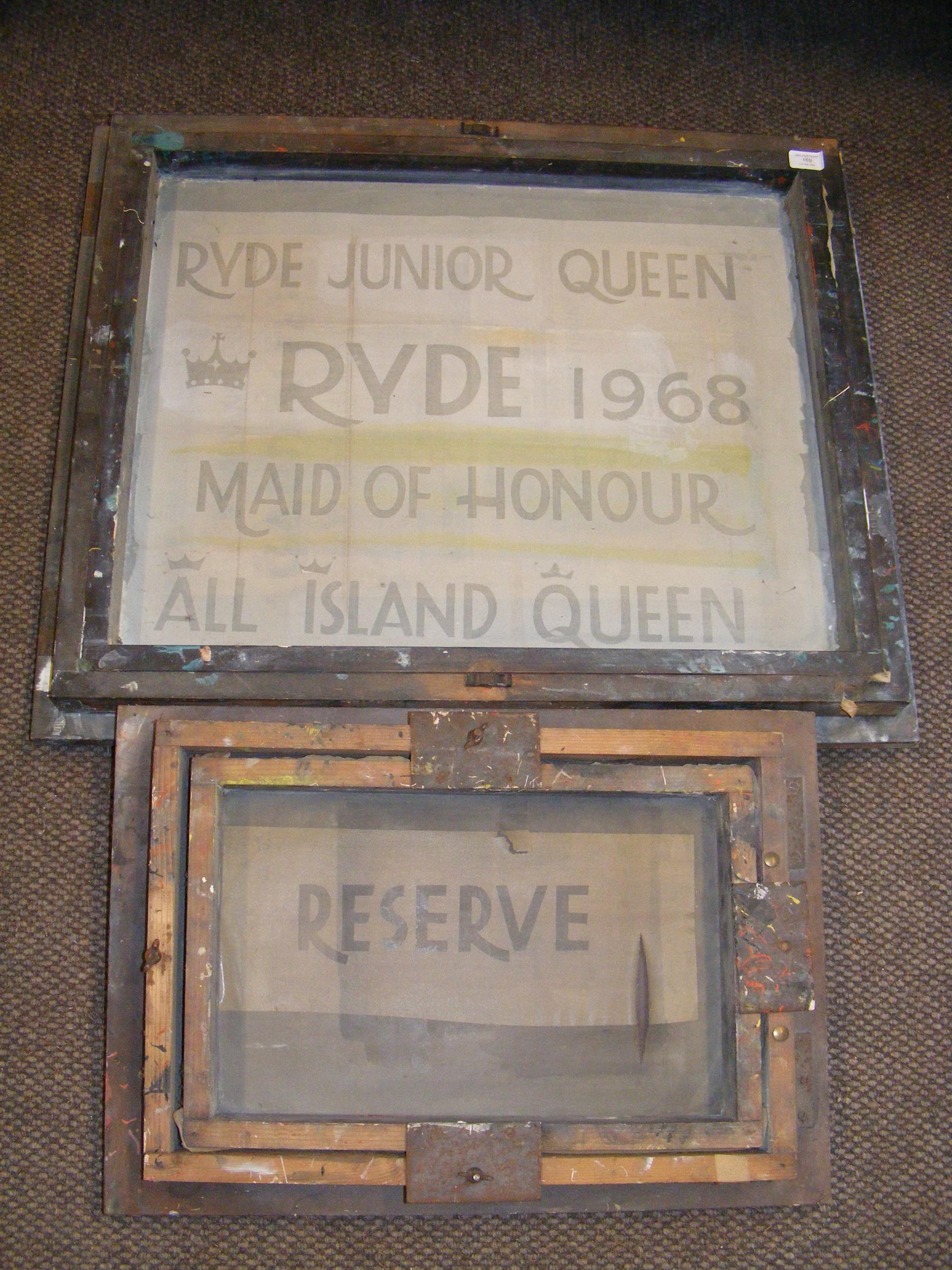 An antique printing screen for Ryde, 1968 and one