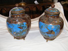 A pair of antique Cloisonne lidded vases - 32cm hi