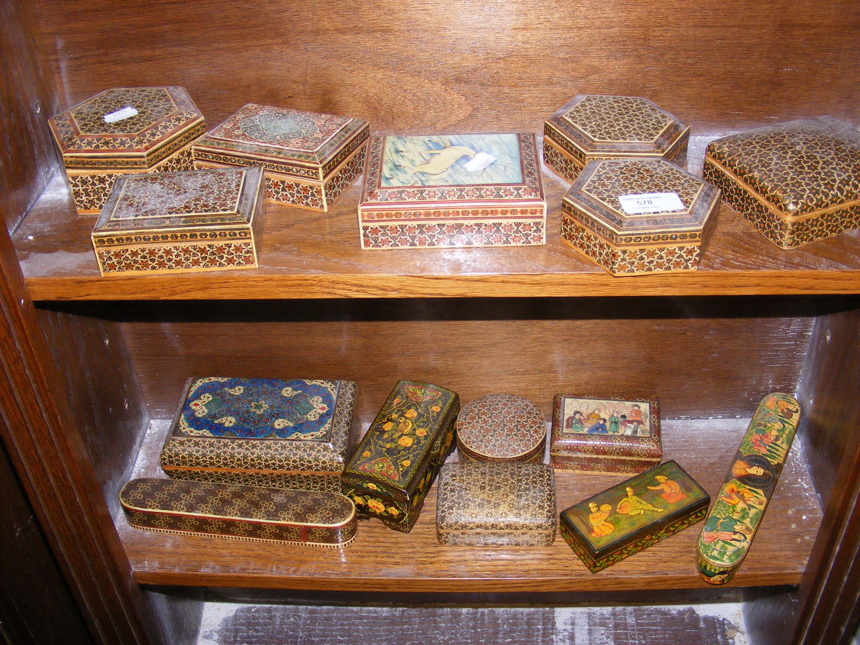 Two shelves of wooden and papier mache trinket box