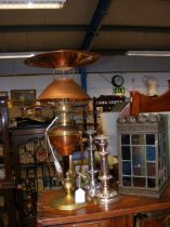 A converted brass and copper lamp, together with a