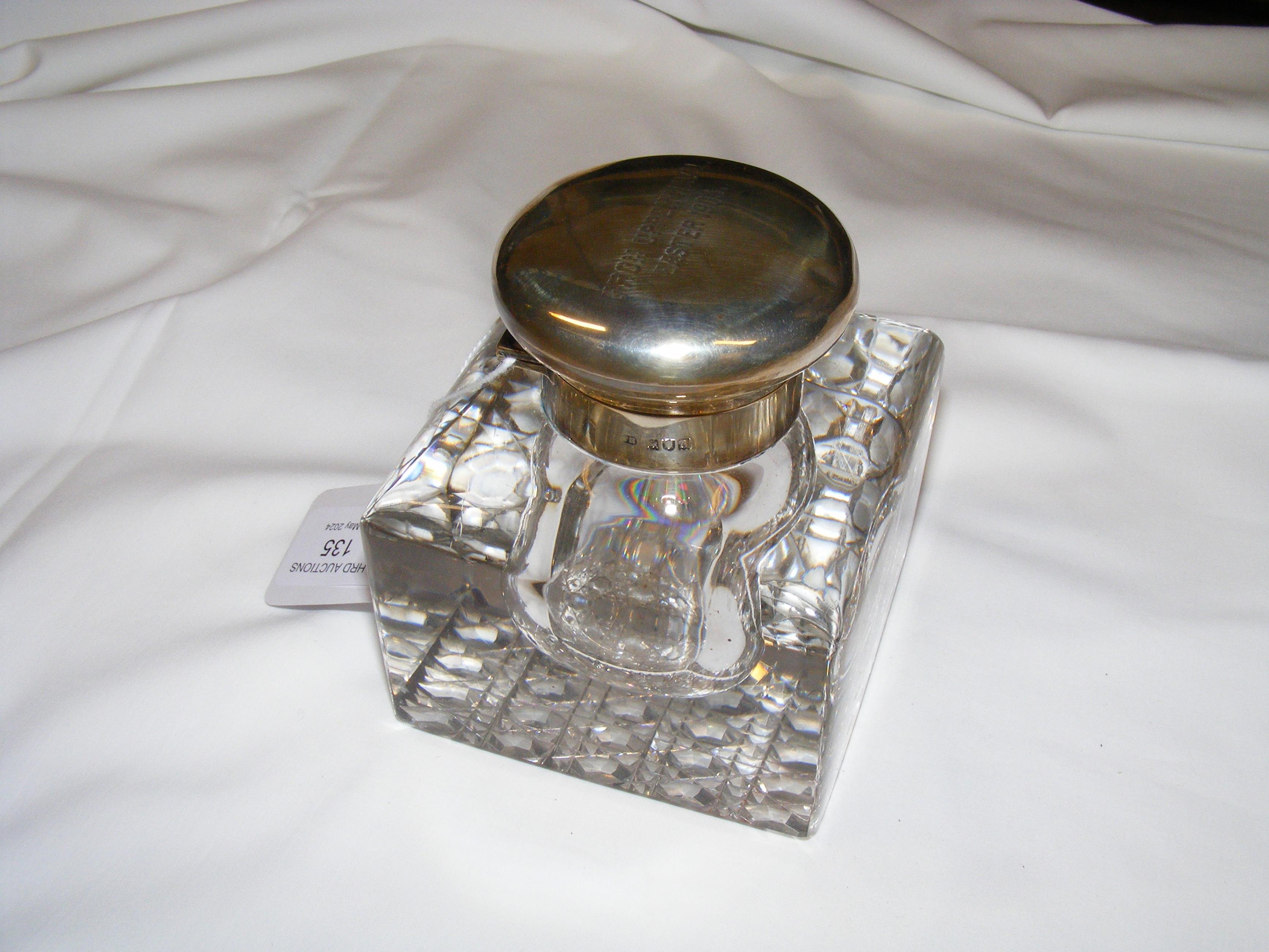 A silver top glass inkwell, the top engraved 'From