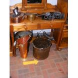 A pair of antique coach lamps, together with brass and copper pans and a Victorian iron etc. - on tw