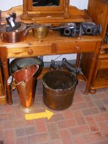 A pair of antique coach lamps, together with brass and copper pans and a Victorian iron etc. - on tw