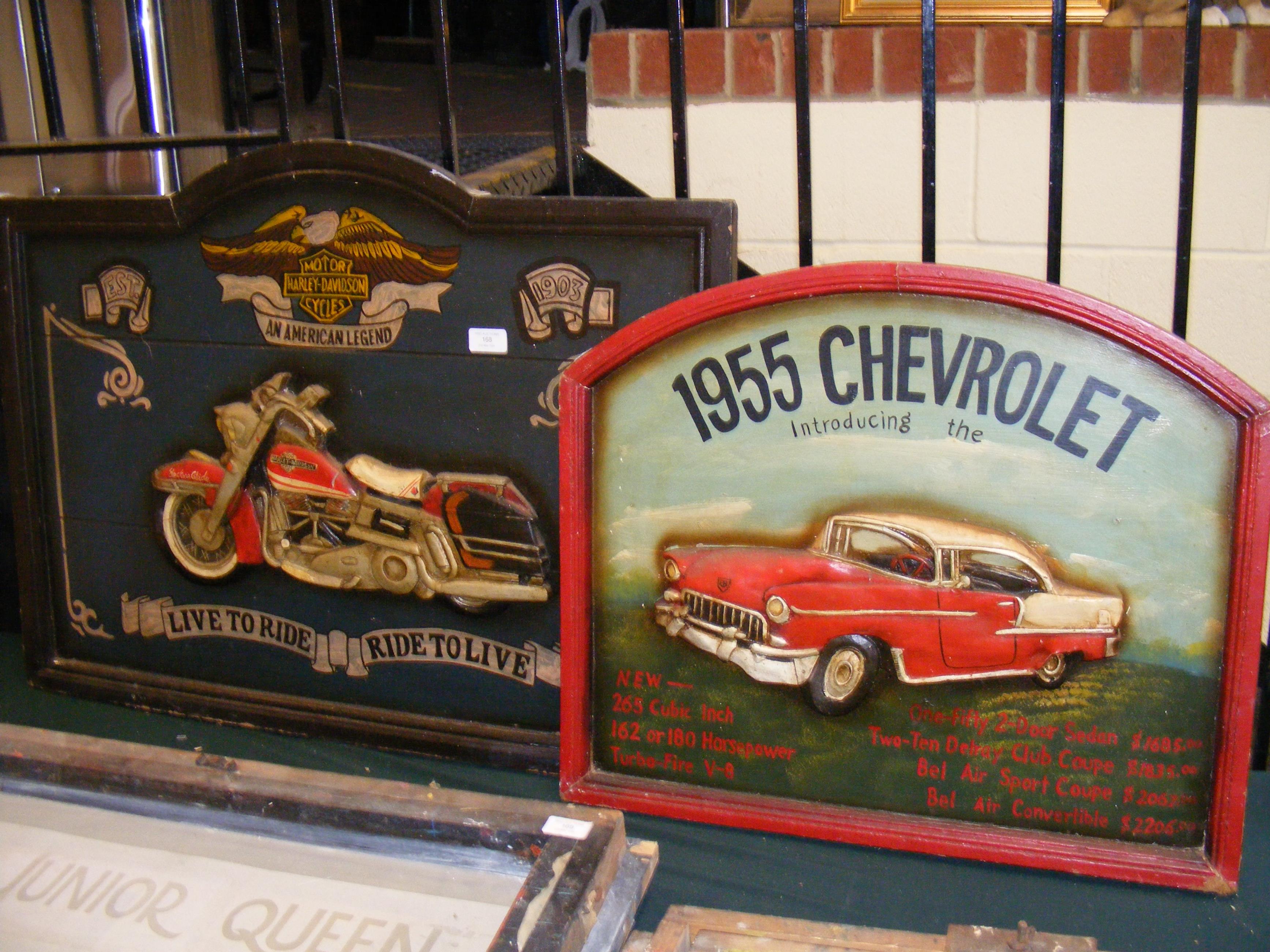 A reproduction Harley Davidson pub sign and one ot