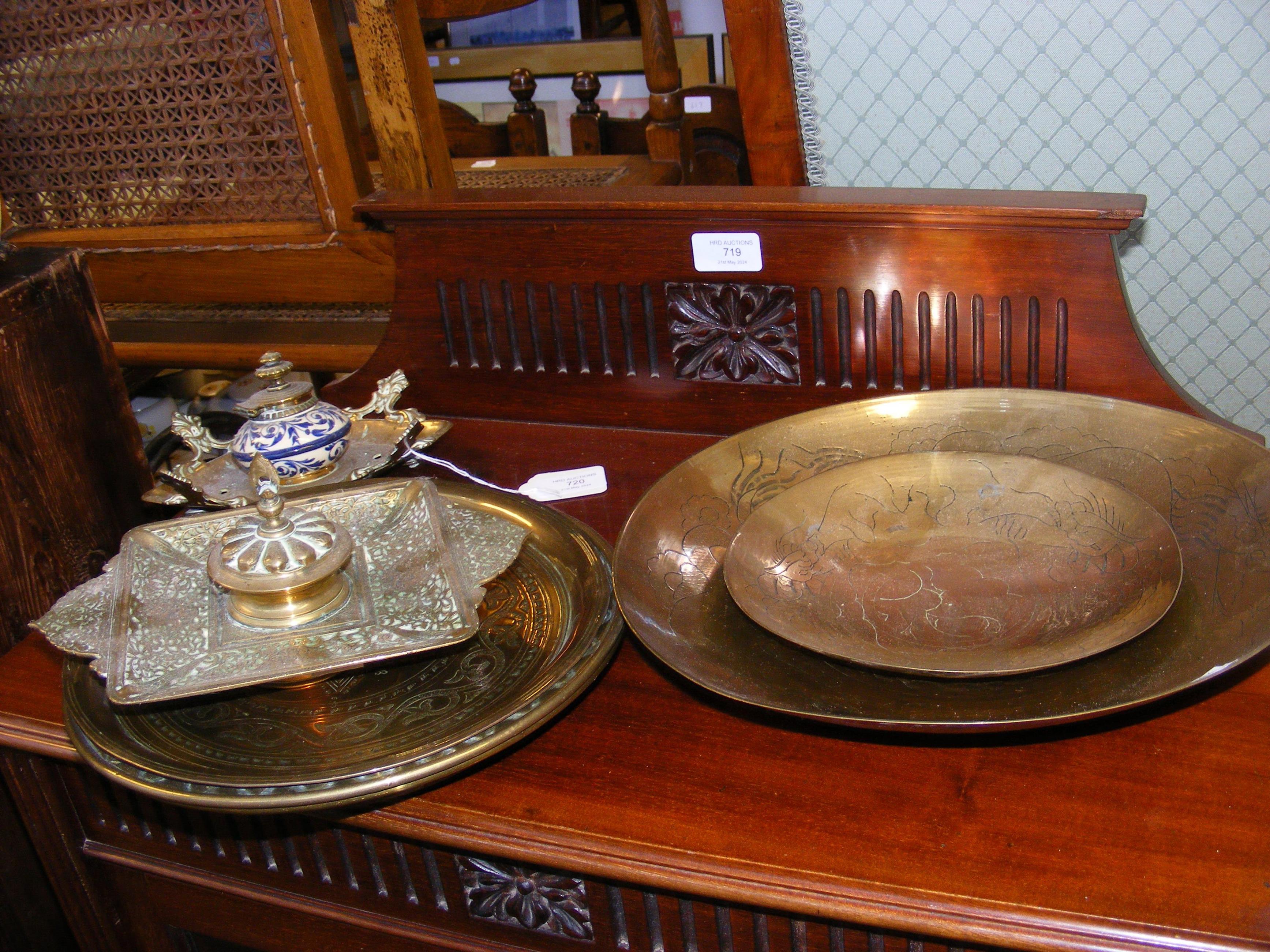 Middle Eastern brass trays, inkwells