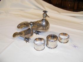 Silver napkin rings, silver plated bird ornaments