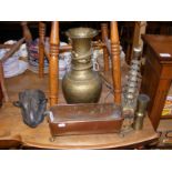 A brass oriental vase, copper miniature trough and