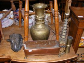 A brass oriental vase, copper miniature trough and