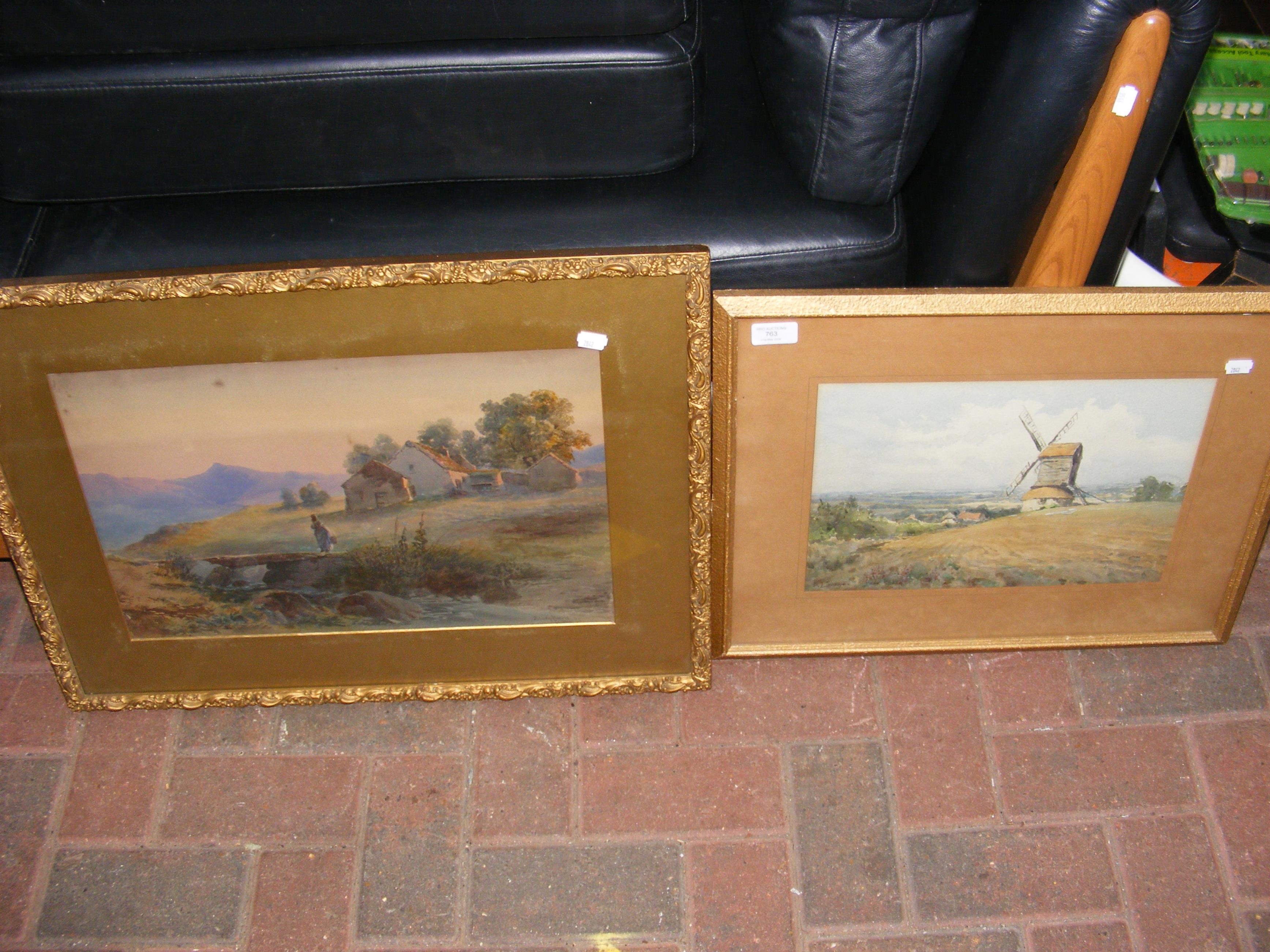 An antique watercolour of windmill in landscape, together with one other watercolour