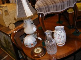 An alabaster table lamp, together with wall barome