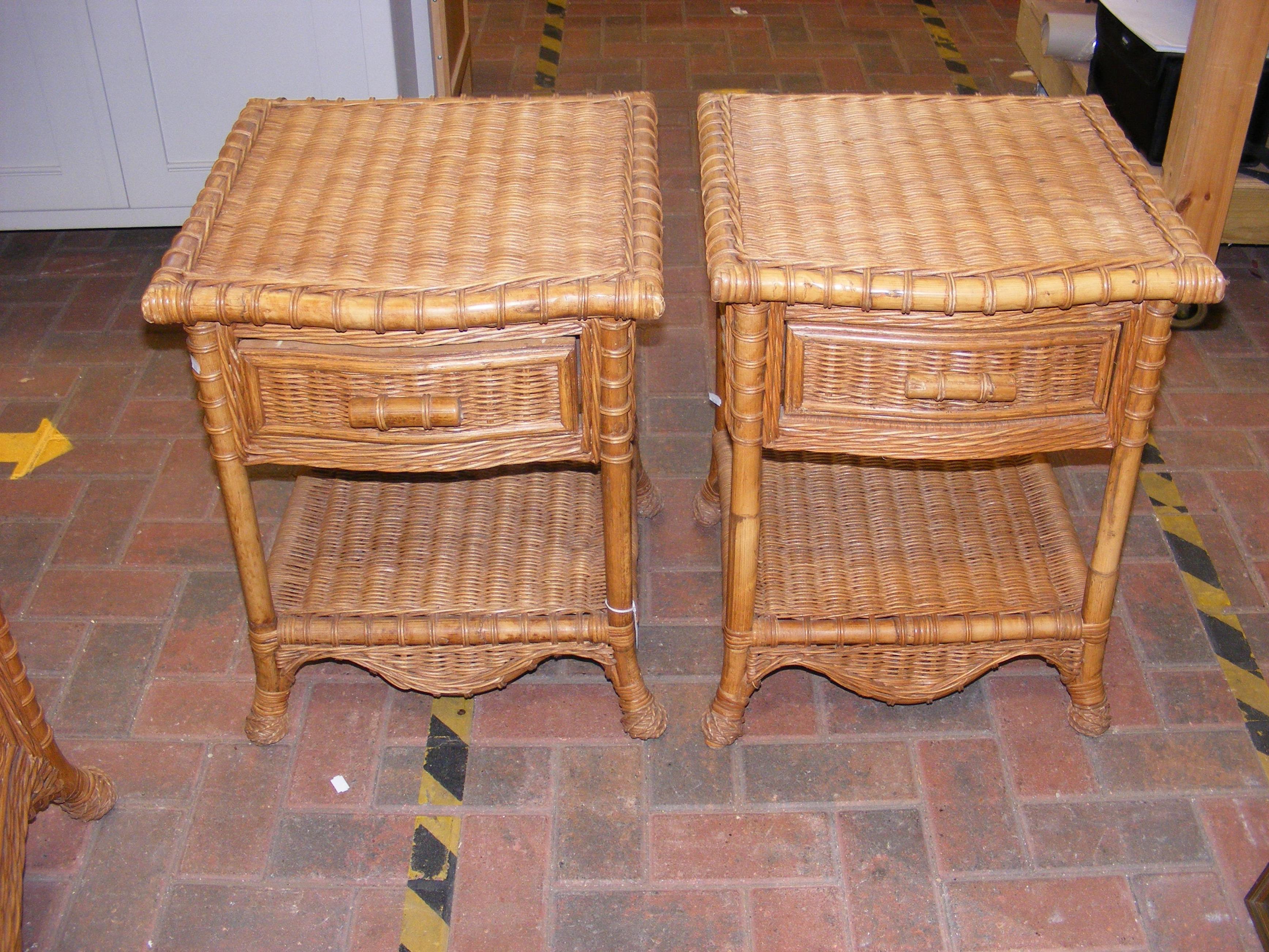 A pair of cane and bamboo fronted bedside cabinets