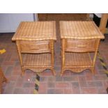 A pair of cane and bamboo fronted bedside cabinets