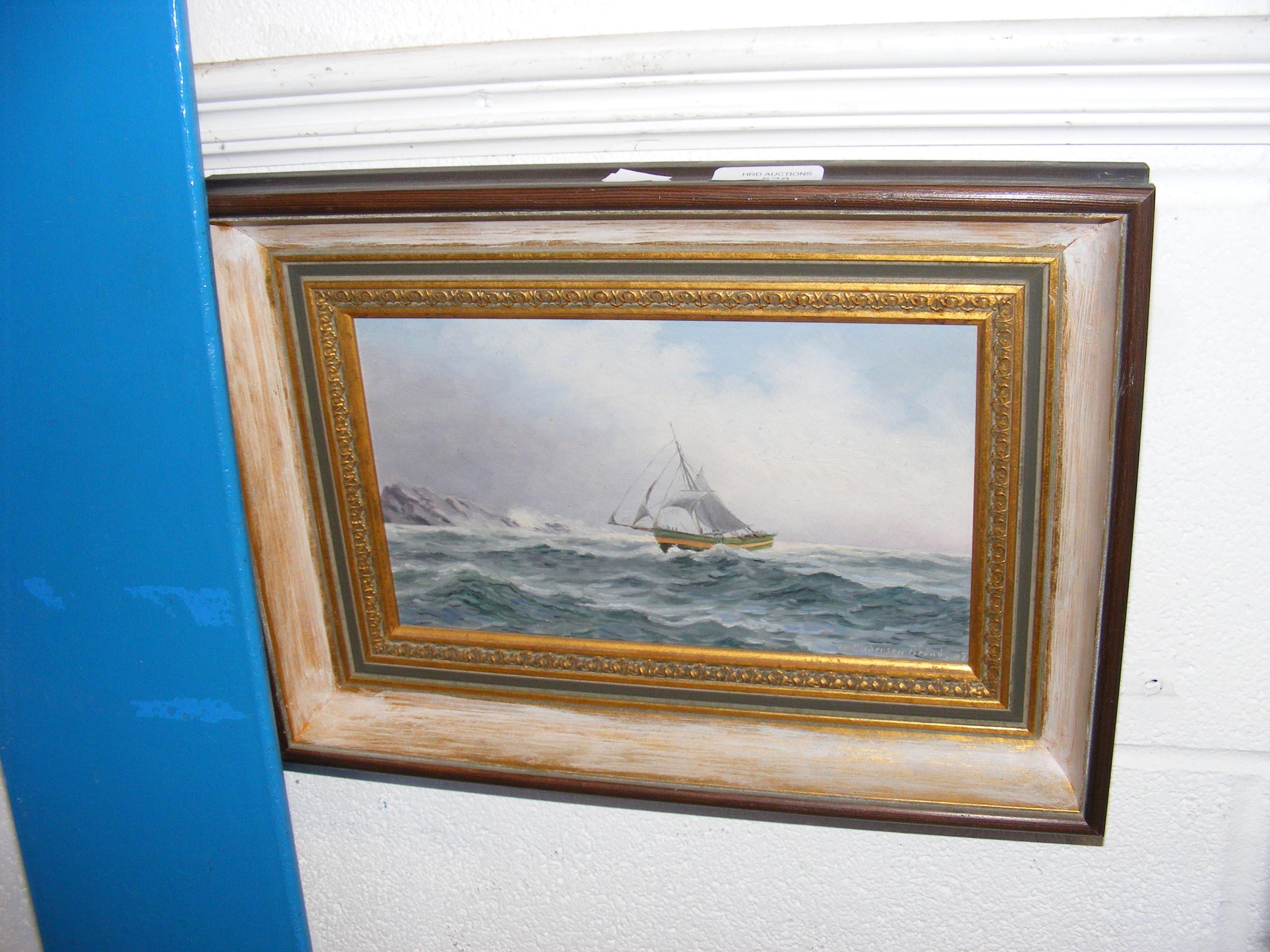 An oil on board of sailing boat in rough seas - si