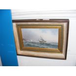 An oil on board of sailing boat in rough seas - si