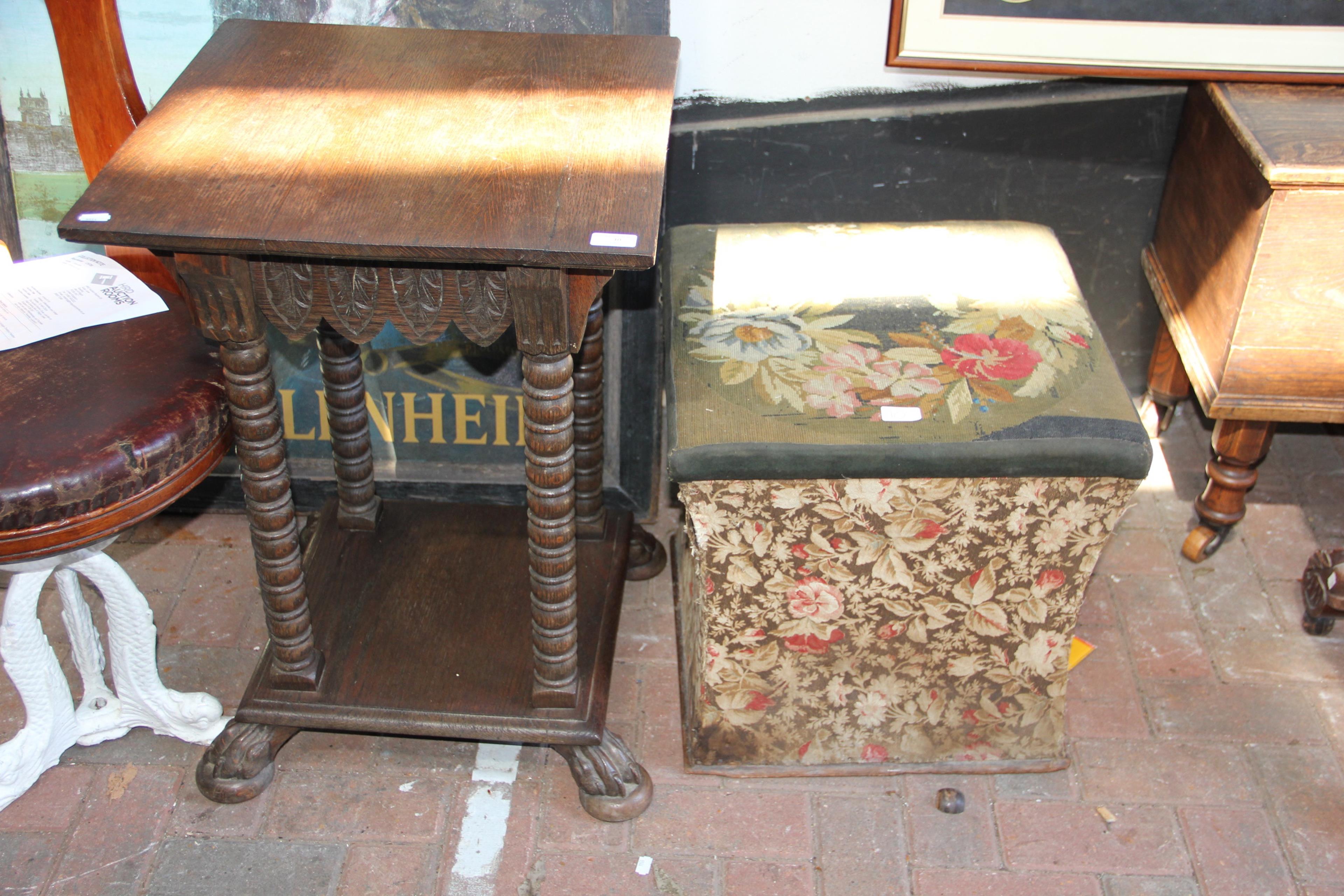 An oak occasional table, together with a tapestry