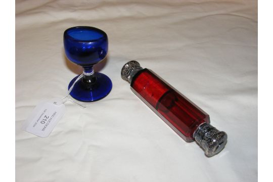 A double ended scent bottle together with blue gla