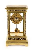 A LARGE LATE 19TH CENTURY FRENCH BRASS AND CHAMPLEVE ENAMEL FOUR-GLASS MANTEL CLOCK