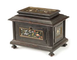 A 19TH CENTURY FRENCH EBONY AND PIETRA DURA PANELLED JEWELLERY CASKET