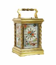 A LATE 19TH CENTURY FRENCH PORCELAIN PANELLED REPEATING CARRIAGE CLOCK