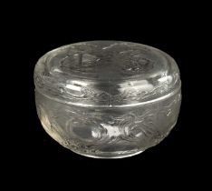 A RENE LALIQUE CLEAR AND GREY STAINED SMALL GLASS POWDER BOX 'L'ORIGAN'