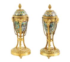 A PAIR OF LATE 19TH CENTURY FRENCH ORMOLU AND CHAMPLEVE ENAMEL CASSOLETTES