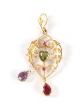 A LATE 19TH CENTURY GOLD, RUBY AND PEARL SUFFRAGETTE PENDANT