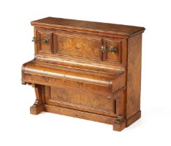 A 19TH CENTURY FIGURED WALNUT CIGAR COMPENDIUM FORMED AS AN UPRIGHT PIANO
