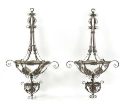 AN IMPRESSIVE LARGE PAIR OF ARTS AND CRAFTS PLANISHED BRASS HANGING LIGHTS