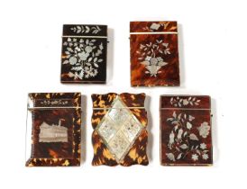 A COLLECTION OF FIVE 19TH CENTURY TORTOISESHELL, MOTHER OF PEARL AND SILVER INLAID CARD CASES