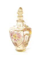 EMILE GALLE. A LATE 19TH CENTURY 'DAHLIAS' ENAMELLED AMBER GLASS SCENT BOTTLE AND STOPPER