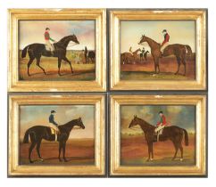 A SET OF FOUR 19TH CENTURY REVERSE PAINTED ON GLASS HORSE RACING PORTRAITS