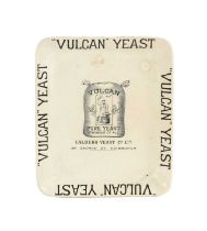 AN UNUSUAL 19TH CENTURY CREAM GLAZED STONEWARE “VULCAN YEAST“ DISH