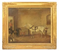 W. BARRAUD (1810 - 1850). A MID 19TH CENTURY OIL ON CANVAS STABLE SCENE ENTITLED "GREY WEIGHTON" AND