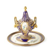 A LATE 19TH CENTURY FRENCH SEVRES TYLE ORMOLU MOUNTED AND JEWELLED PORCELAIN INKWELL AND COVER