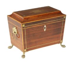 A GOOD REGENCY BRASS INLAID ROSEWOOD TEA CADDY