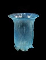 A RENE LALIQUE OPALESCENT AND BLUE STAINED 'EUCALYPTUS' FLARED NECK GLASS VASE