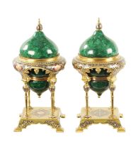 A FINE PAIR OF FRENCH ORMOLU, CHAMPLEVE ENAMEL AND CERAMIC FAUX MALACHITE CASOLETTES