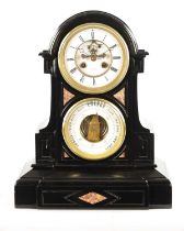 A LATE 19TH CENTURY FRENCH BLACK SLATE AND MARBLE CLOCK BAROMETER