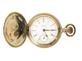 A 14K GOLD PLATED WALTHAM ‘SANTA FE ROUTE’ FULL HUNTER POCKET WATCH