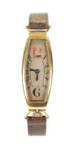 A 1920'S 18CT GOLD ART DECO 'TONNEAU' WRISTWATCH