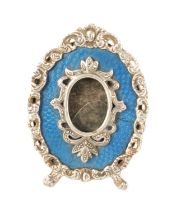 A FABERGE LATE 19TH/EARLY 20TH CENTURY SILVER AND BLUE GUILLOCHE ENAMEL OVAL PICTURE FRAME