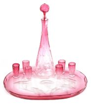 AN ART NOUVEAU RUBY AND CLEAR GLASS MOSER DECANTER, TRAY AND SIX GLASSES