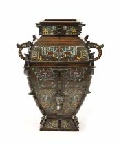 A RARE AND LARGE CHINESE CLOISONNE AND BRONZE RITUAL WINE VESSEL, FANGYI