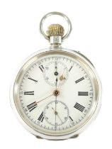 AN EARLY 20TH CENTURY SILVER OPEN FACE CHRONOGRAPH POCKET WATCH