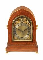 A LATE 19TH CENTURY ROSEWOOD AND BOXWOOD STRUNG LANCET TOP THREE TRAIN QUARTER STRIKING MANTEL CLOCK