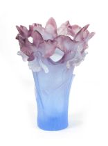 A 20TH CENTURY DAUM PATE DE VERRE BEARDED IRISES COLOURED GLASS VASE