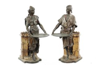 A FINE PAIR OF LATE 19TH CENTURY COLD PAINTED BRONZE METAL STICK STANDS/JARDINERES