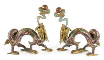 A PAIR OF 19TH CHINESE CLOISONNE AND GILT BRASS DRAGON CENSORS