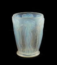 AN R. LALIQUE OPALESCENT BLUE STAINED 'DANAIDES' TAPERING GLASS VASE